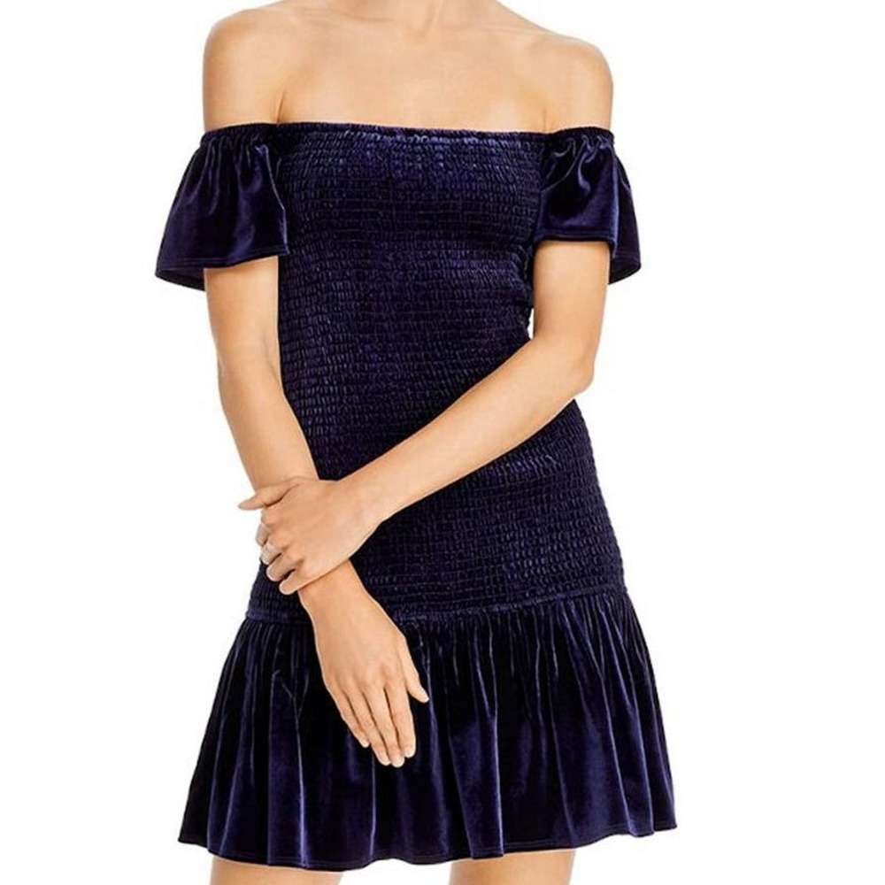 Aqua Smocked Mini Velvet Dress XS Off The Shoulder Navy Blue Ruffle Flounce New
